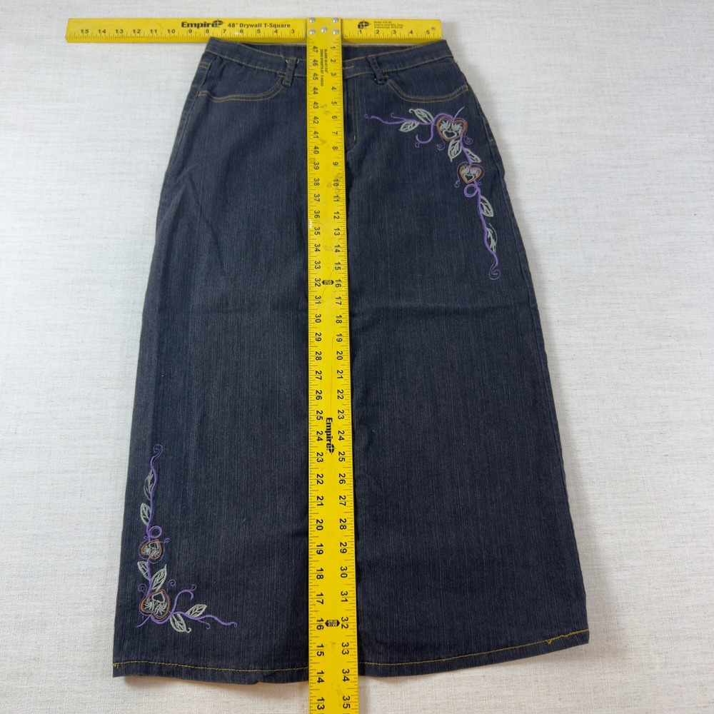Be-Girl Basic Denim Maxi Skirt Womens M 7/8 Dark Wash Embroidered Heart Floral - Picture 11 of 13